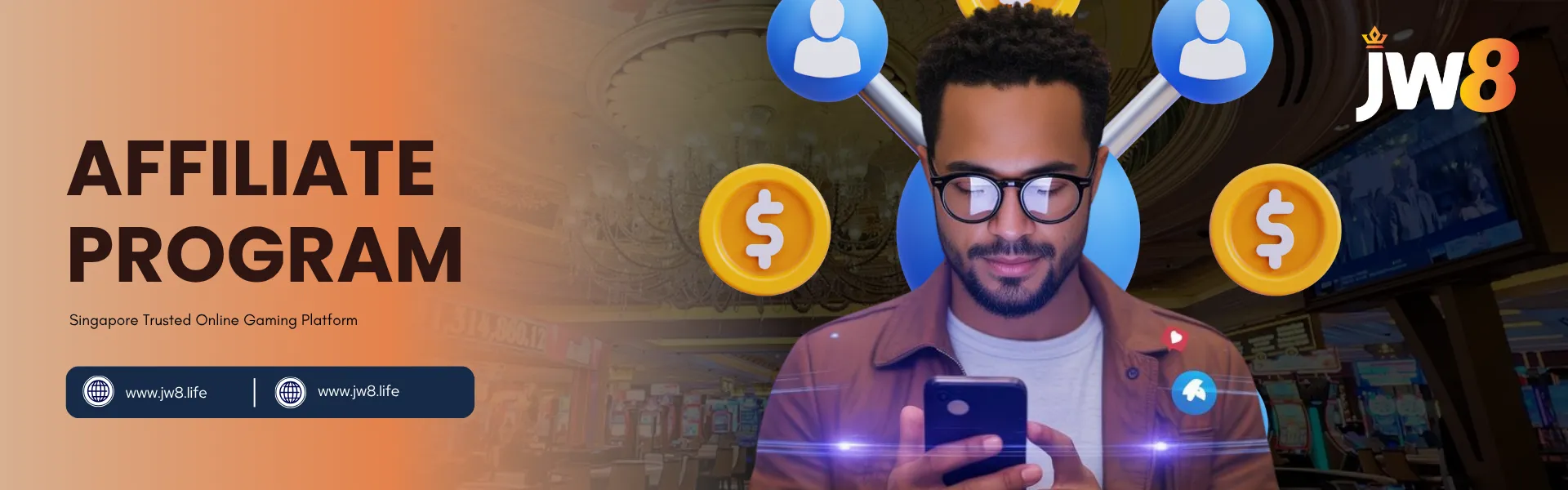 JW8 Affiliate Program – Earn with Singapore’s Trusted Gaming Platform W8 Singapore affiliate program showing a man using a smartphone to earn commissions online.