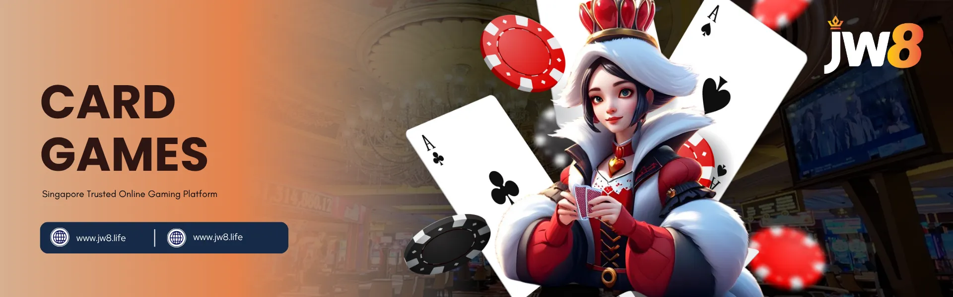 Card Games – JW8 Singapore Trusted Online Gaming Platform JW8 Card Games banner featuring a female card dealer with poker chips and playing cards, symbolizing online casino card games in Singapore.