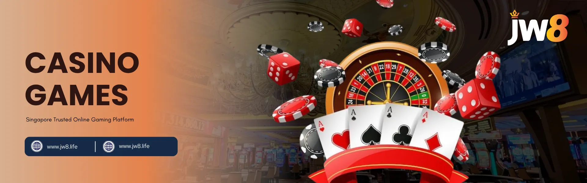 JW8 Casino Games – Trusted Online Gaming Platform in Singapore JW8 Singapore online casino games featuring roulette, poker cards, and dice in a luxurious gaming hall.