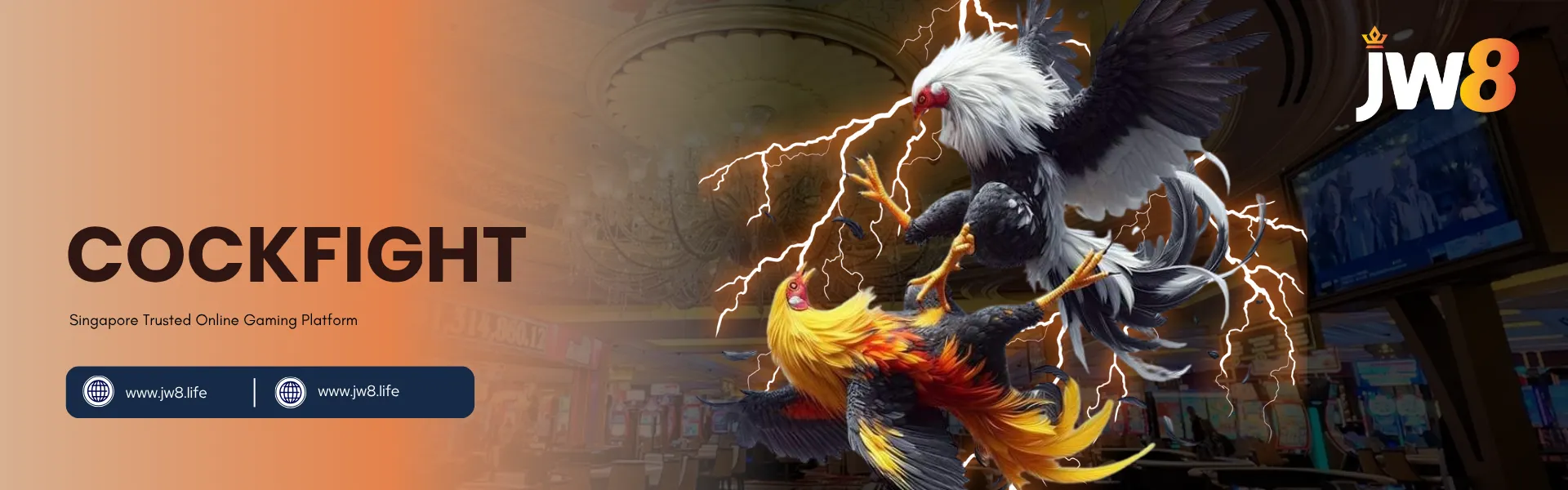 JW8 Cockfight – Exciting Live Cockfighting Games in Singapore JW8 Singapore online cockfighting with two roosters in an electrifying battle inside a casino arena.