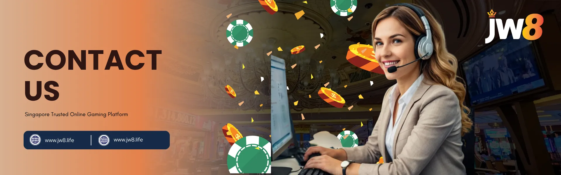 JW8 Contact Us – 24/7 Customer Support for Singapore Online Casino Players Contact us at JW8 Singapore customer support representative smiling with a headset at an online gaming center.