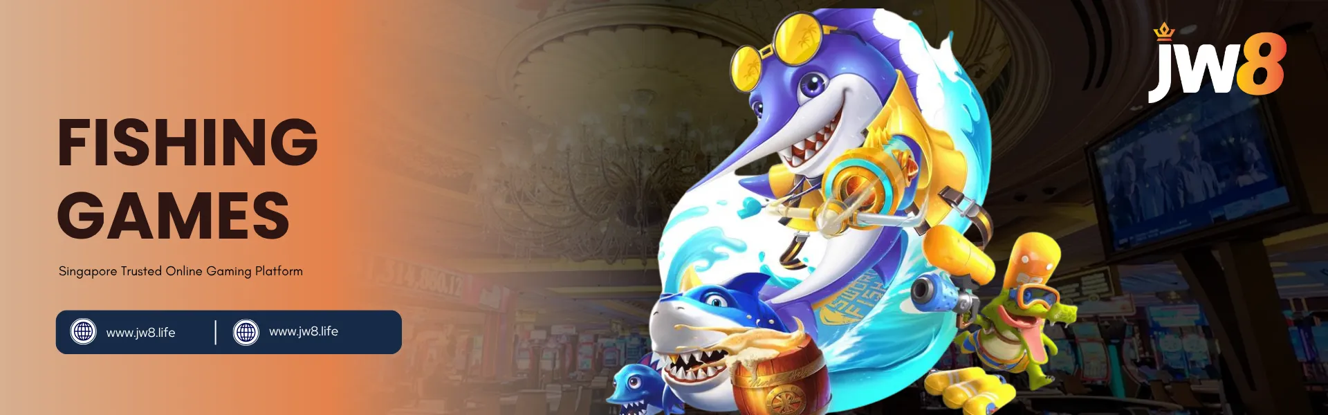 JW8 Fishing Games Singapore – Shoot and Win Big with Fun Ocean Adventures JW8 Singapore Fishing Games banner showing animated ocean creatures with fishing guns in a casino background.