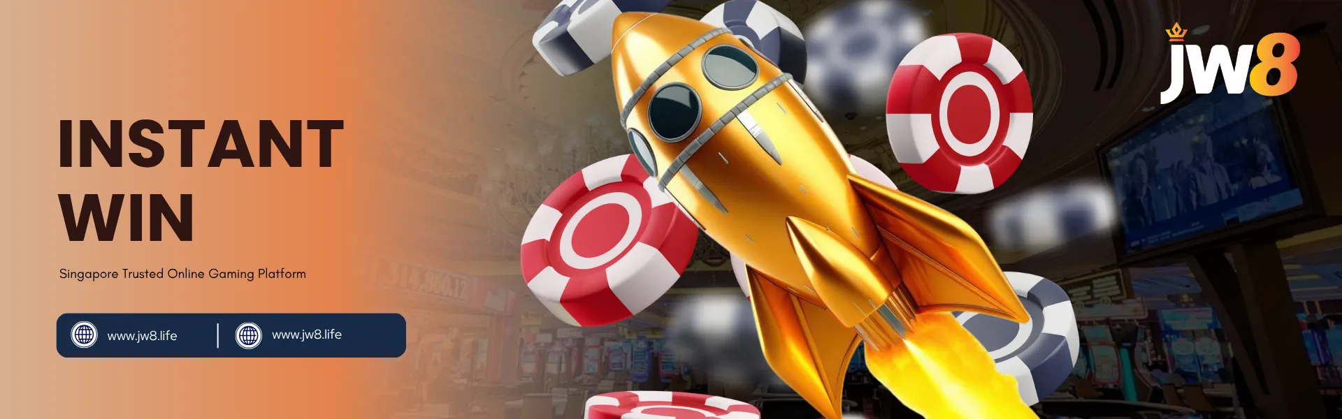 JW8 Instant Win Singapore – Fast Payout Games for Instant Rewards JW8 Singapore Instant Win banner with golden rocket surrounded by colorful casino chips.