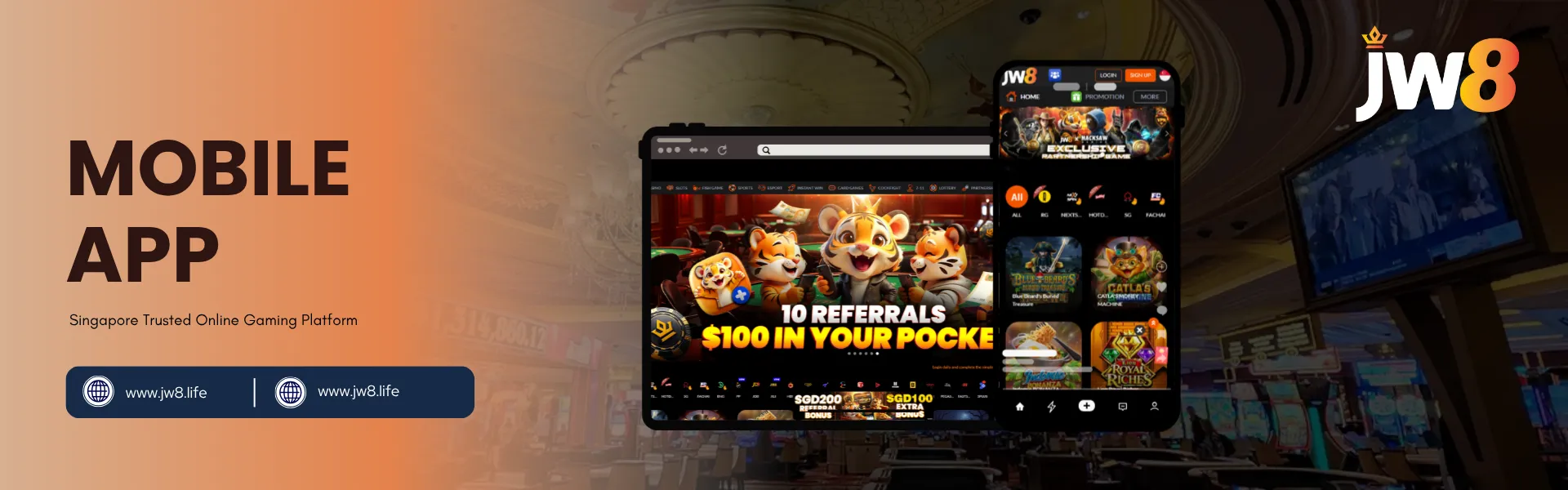 JW8 Mobile App Singapore – Play Casino and Lottery Anytime, Anywhere JW8 Singapore Mobile App banner displaying casino interface on tablet and smartphone devices.