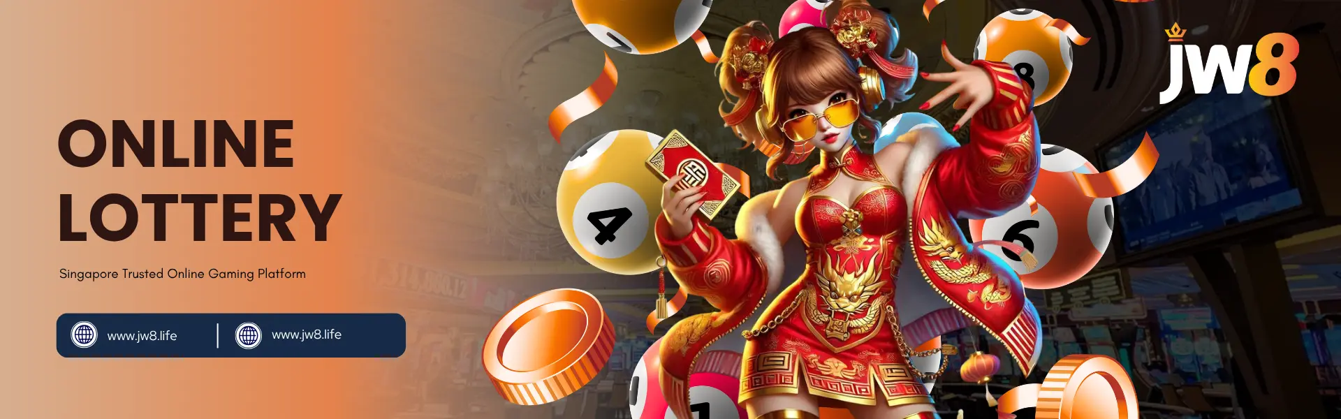 JW8 Online Lottery Singapore – Trusted Digital Lottery Experience W8 Singapore Online Lottery banner with vibrant balls, numbers, and a red-dressed character holding a ticket.