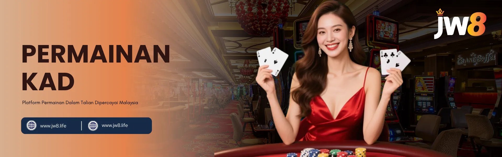 Permainan Kad JW8 – Platform Kasino dan Permainan Dalam Talian Dipercayai Malaysia Wanita tersenyum dalam pakaian merah memegang kad di meja kasino, mewakili Permainan Kad JW8 – Platform Permainan Dalam Talian Dipercayai Malaysia.