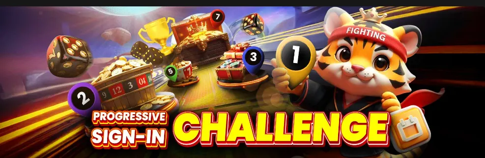 Promotional banner showing a cartoon tiger holding a sign with the text ‘Progressive Sign-In Challenge,’ surrounded by casino elements like roulette, dice, coins, and reward icons.