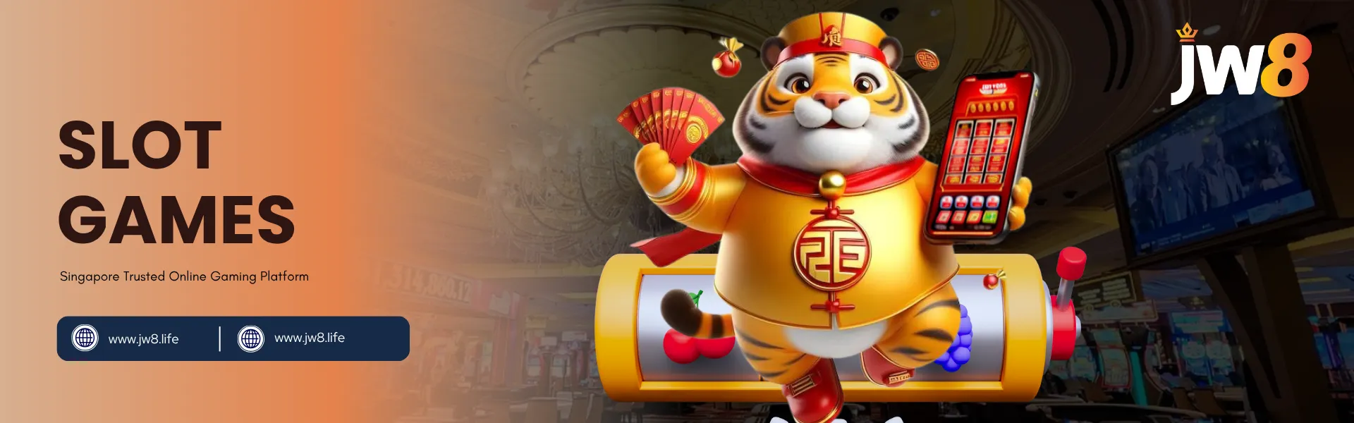 JW8 Singapore Slot Games โ Spin and Win Real Rewards Online JW8 Singapore Slot Games banner with a cartoon tiger holding a mobile slot machine surrounded by fruit symbols.