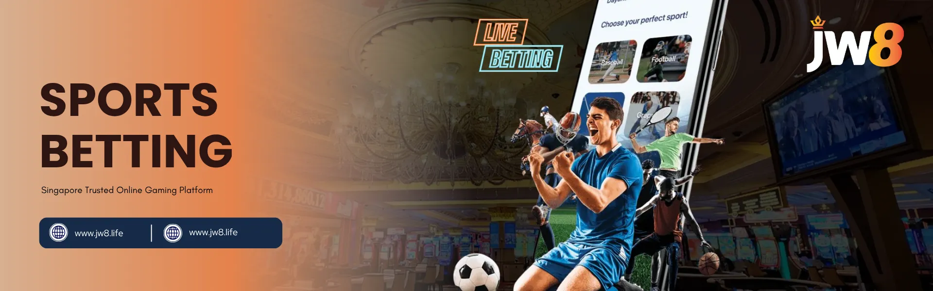 JW8 Singapore Sports Betting – Bet on Football, Tennis, and More Live JW8 Singapore Sports Betting banner featuring excited athletes with a mobile betting app interface.