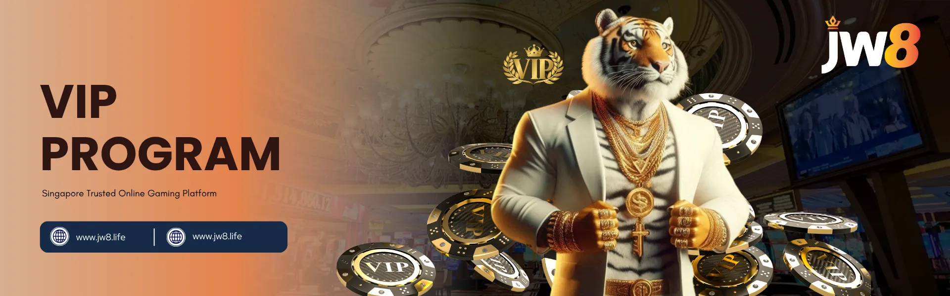 JW8 Singapore VIP Program – Exclusive Rewards for Premium Players JW8 Singapore VIP Program banner showing a tiger in a white suit with gold jewelry and VIP poker chips in a luxury casino.