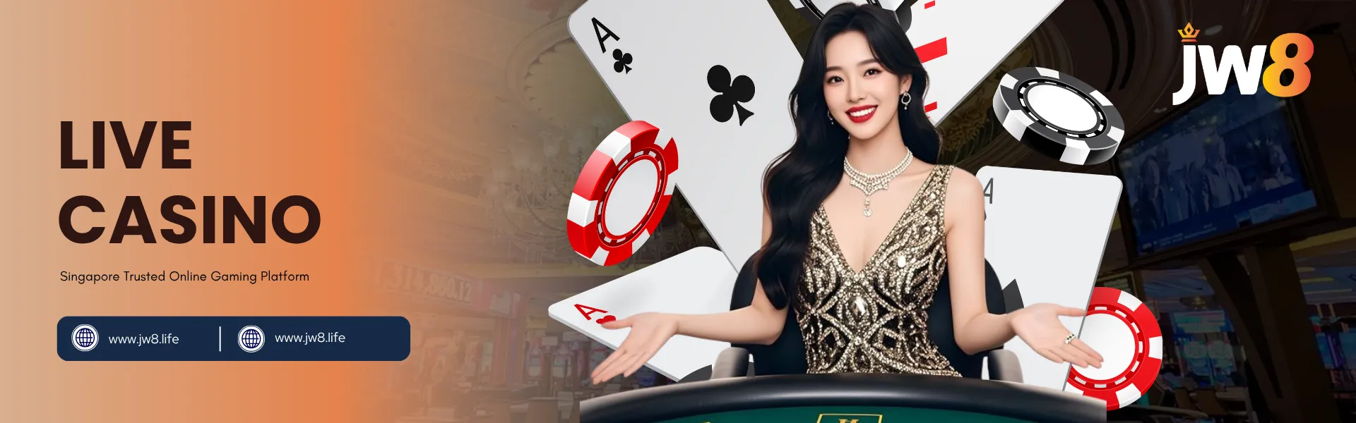 JW8 Live Casino Singapore – Real-Time Dealers and Authentic Casino Action JW8 Singapore Live Casino banner featuring elegant female dealer with cards and poker chips.
