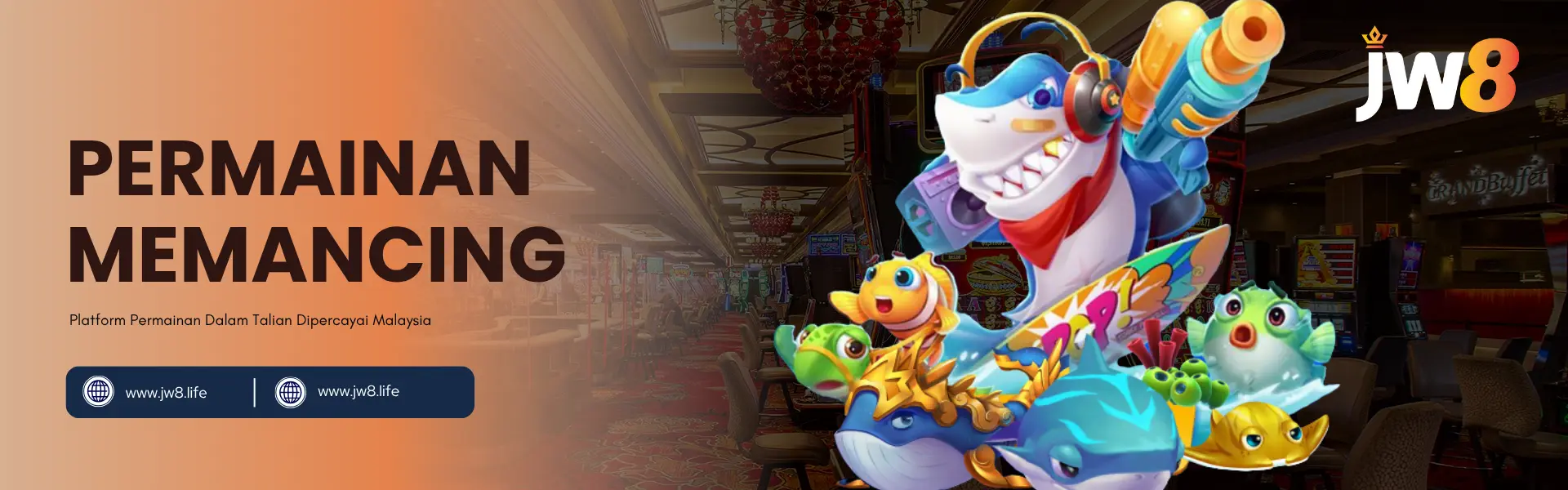 JW8 Malaysia – Permainan Memancing Dalam Talian 2025 Banner permainan memancing JW8 Malaysia dengan watak ikan animasi berwarna-warni di hadapan latar kasino