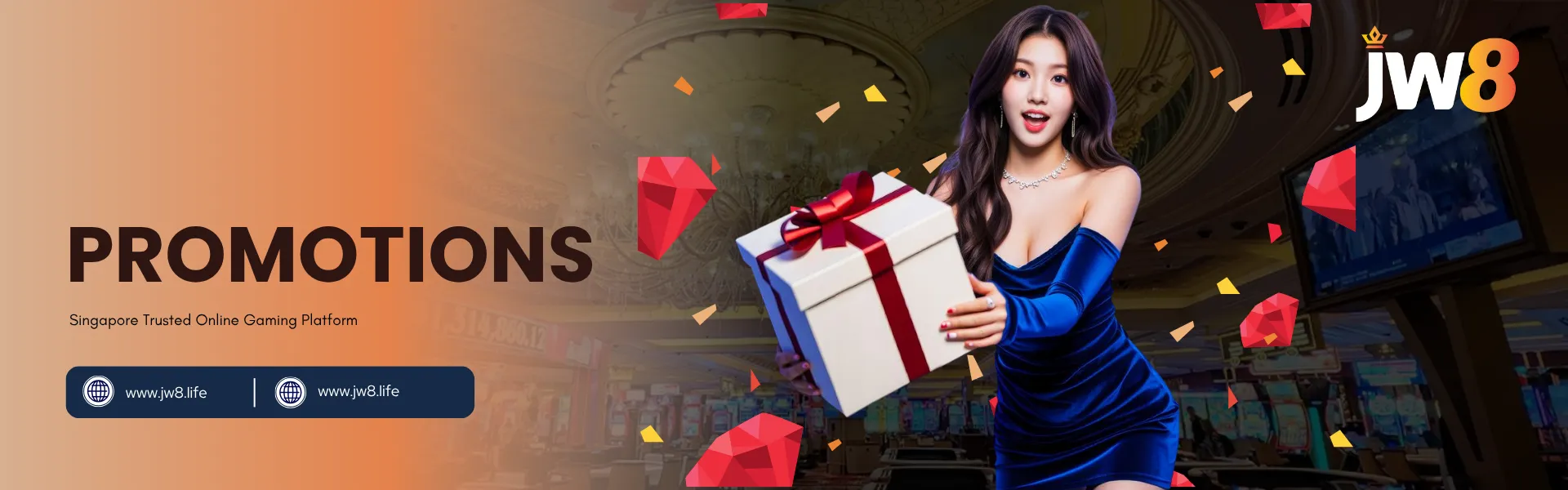 JW8 Singapore Promotions – Latest Casino Bonuses and Exclusive Offers JW8 Singapore Promotions banner with a woman in a blue dress holding a gift box surrounded by confetti and gems.