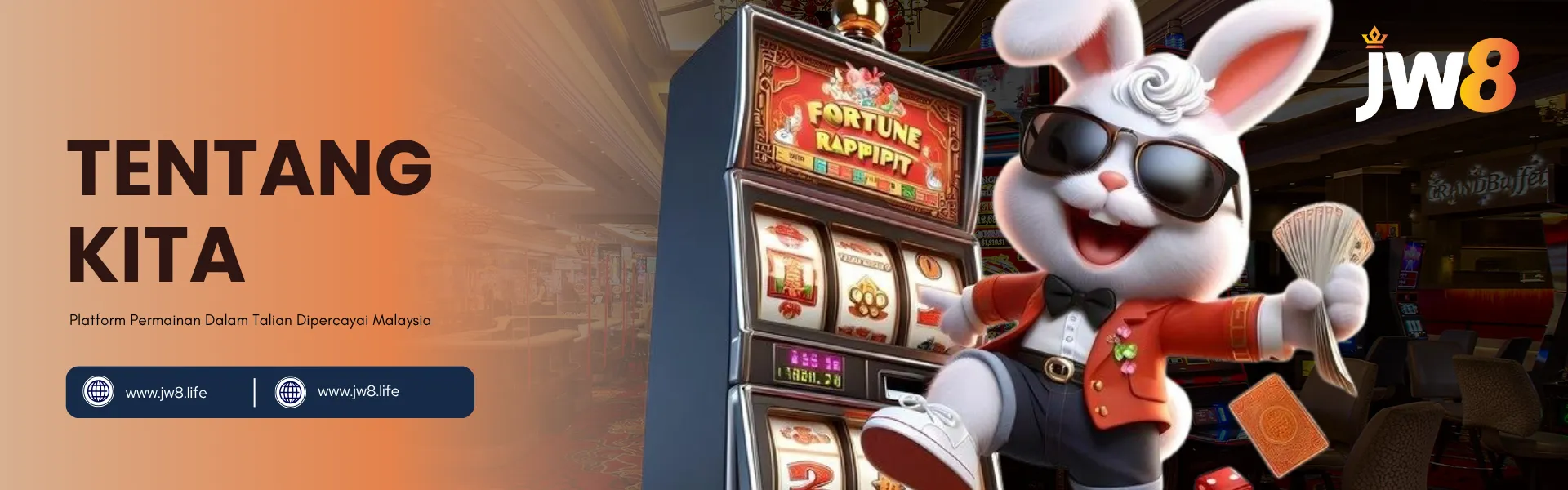 Tentang Kita JW8 Malaysia – Platform Permainan Dalam Talian Dipercayai dengan Pengalaman Slot yang Menyeronokkan dan Menguntungkan Banner Tentang Kita JW8 Malaysia menampilkan maskot arnab putih ceria yang memakai cermin mata hitam dan jaket merah sambil memegang kad permainan di sebelah mesin slot bertulis 'Fortune Rabbit', melambangkan platform permainan dalam talian JW8 yang dipercayai di Malaysia.