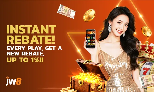 JW8 Instant Rebate banner featuring a woman holding a phone next to a treasure chest filled with gold coins and cash, advertising "UP TO 1%!!".