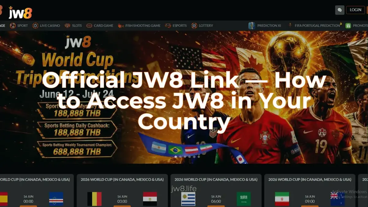 Official JW8 link guide at jw8.life showing country selection for Malaysia, Singapore, Thailand, India, Bangladesh, Nepal and Pakistan on desktop and mobile